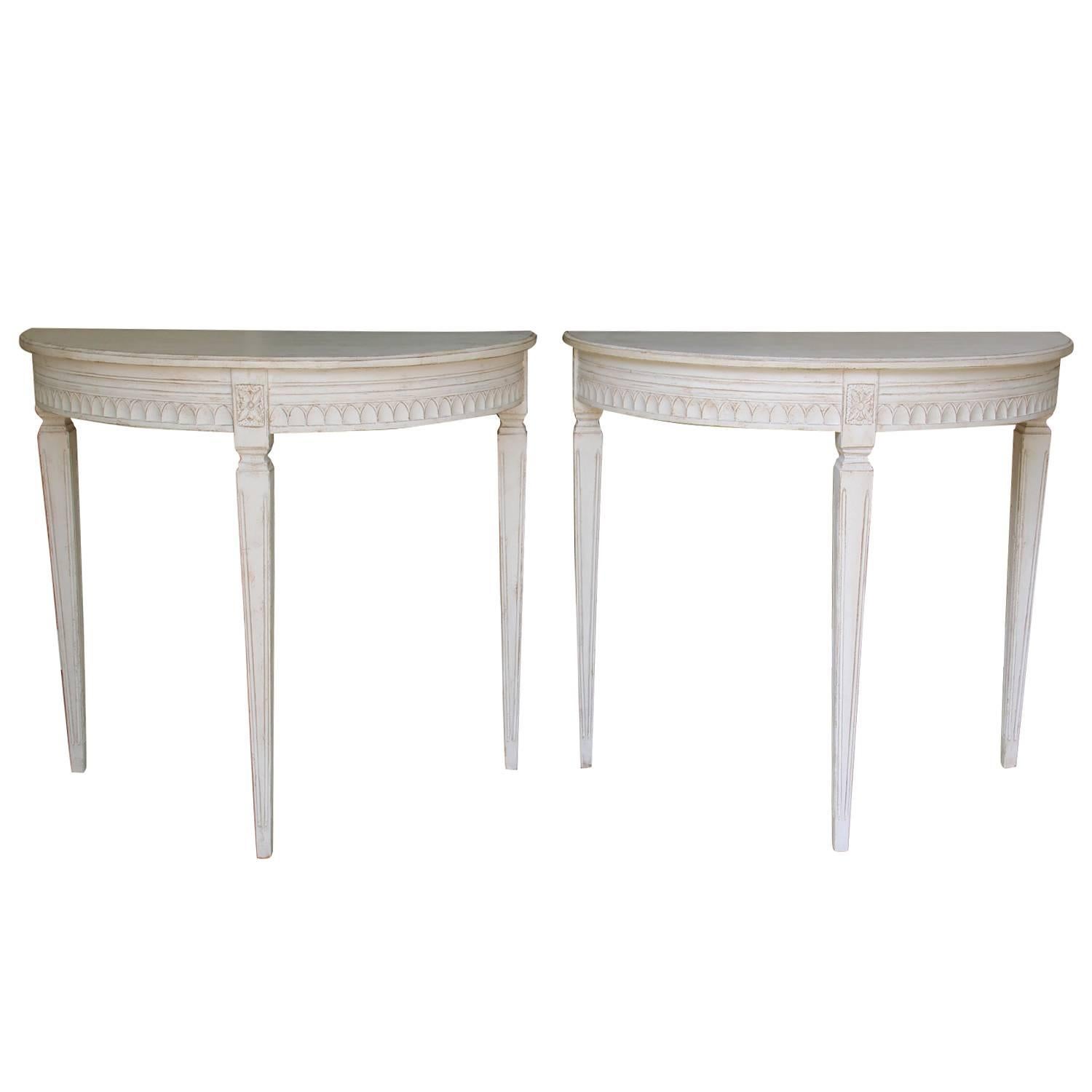 19th Century Pair of Swedish Gustavian Bedside Demilune Console Tables
