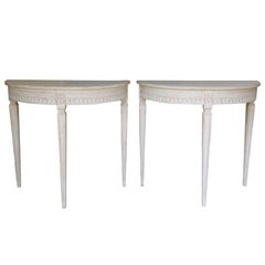 Antique 19th Century Pair of Swedish Gustavian Bedside Demilune Console Tables