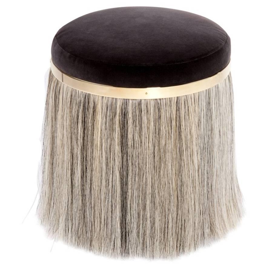 Konekt Thing 1 Stool with Polished Brass, Horsehair and Velvet