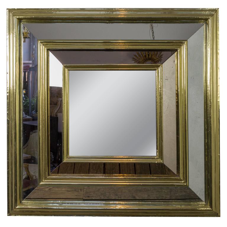 Large French, 1980s Square Brass Framed Mirror For Sale at 1stdibs