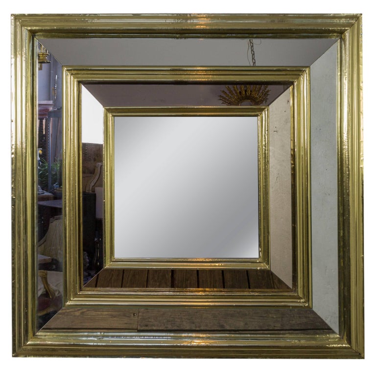 Large French Mid Century Brass Framed Mirror For Sale at 1stDibs