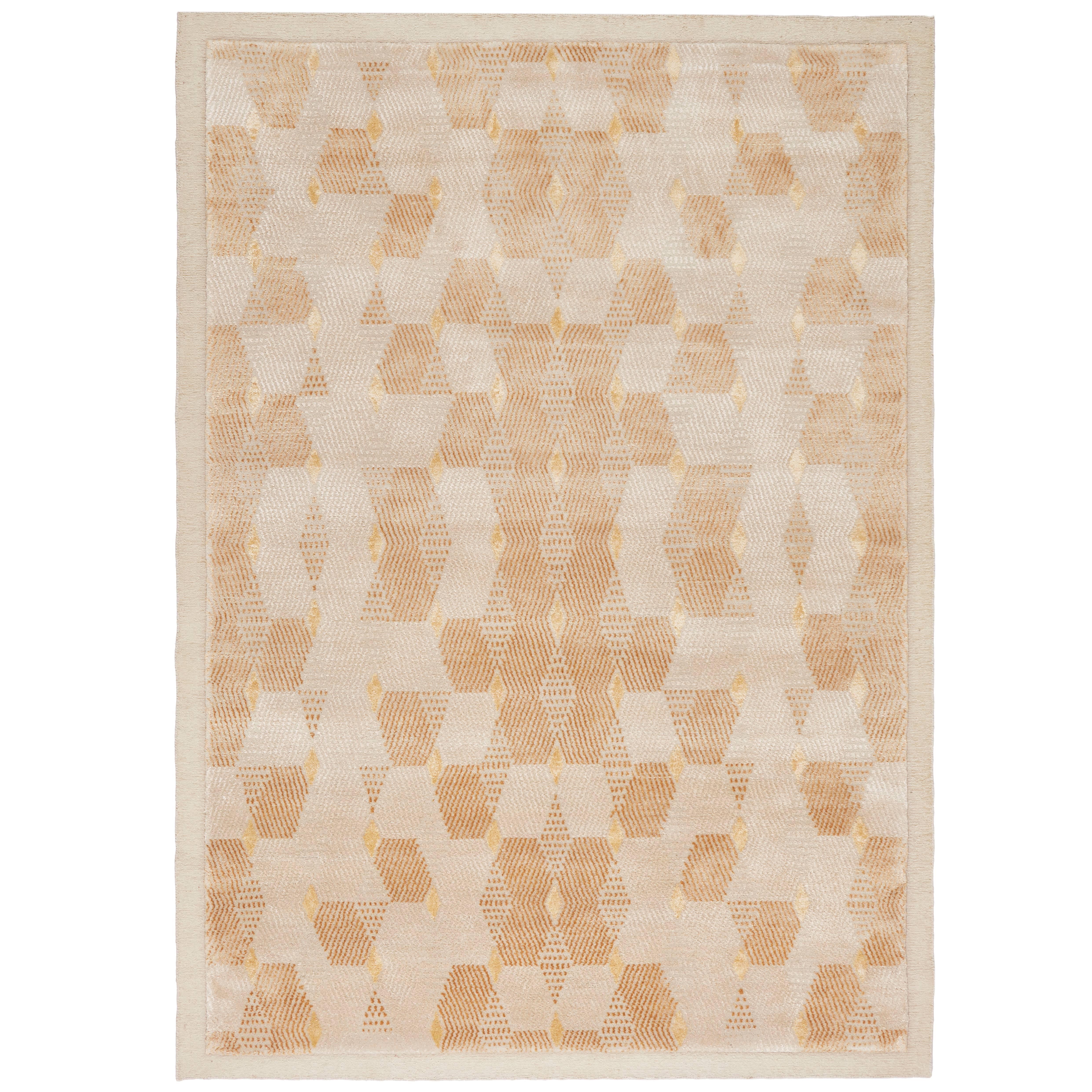 Honeycomb Hand-Knotted Viscose and Wool Geometric Rug with Border For Sale