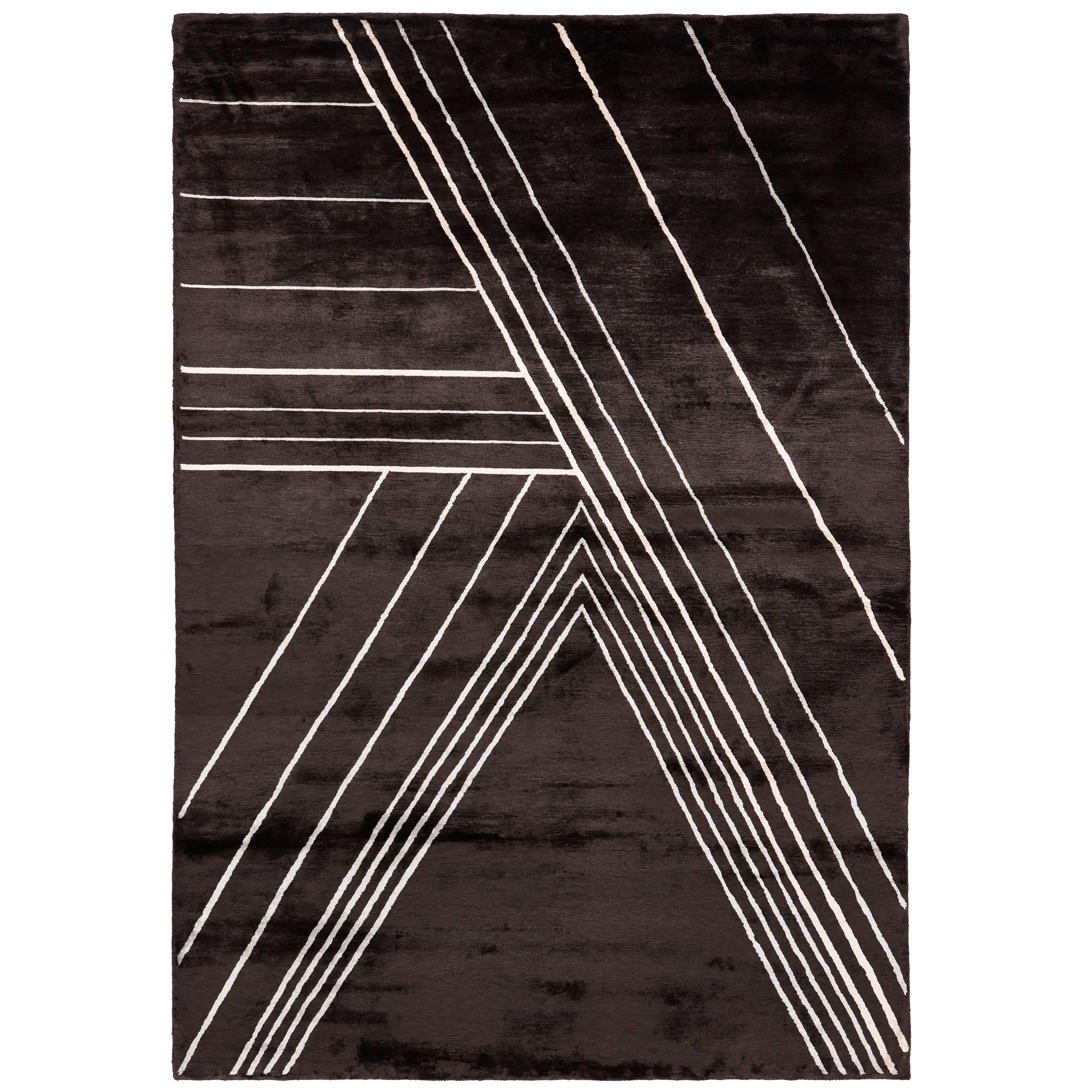 Black Hand Knotted Viscose Linear Geometric Rug For Sale