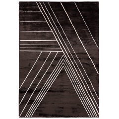 Black Hand Knotted Viscose Linear Geometric Rug