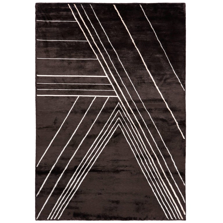 Birgit Israel black hand-knotted-viscose geometric rug, new