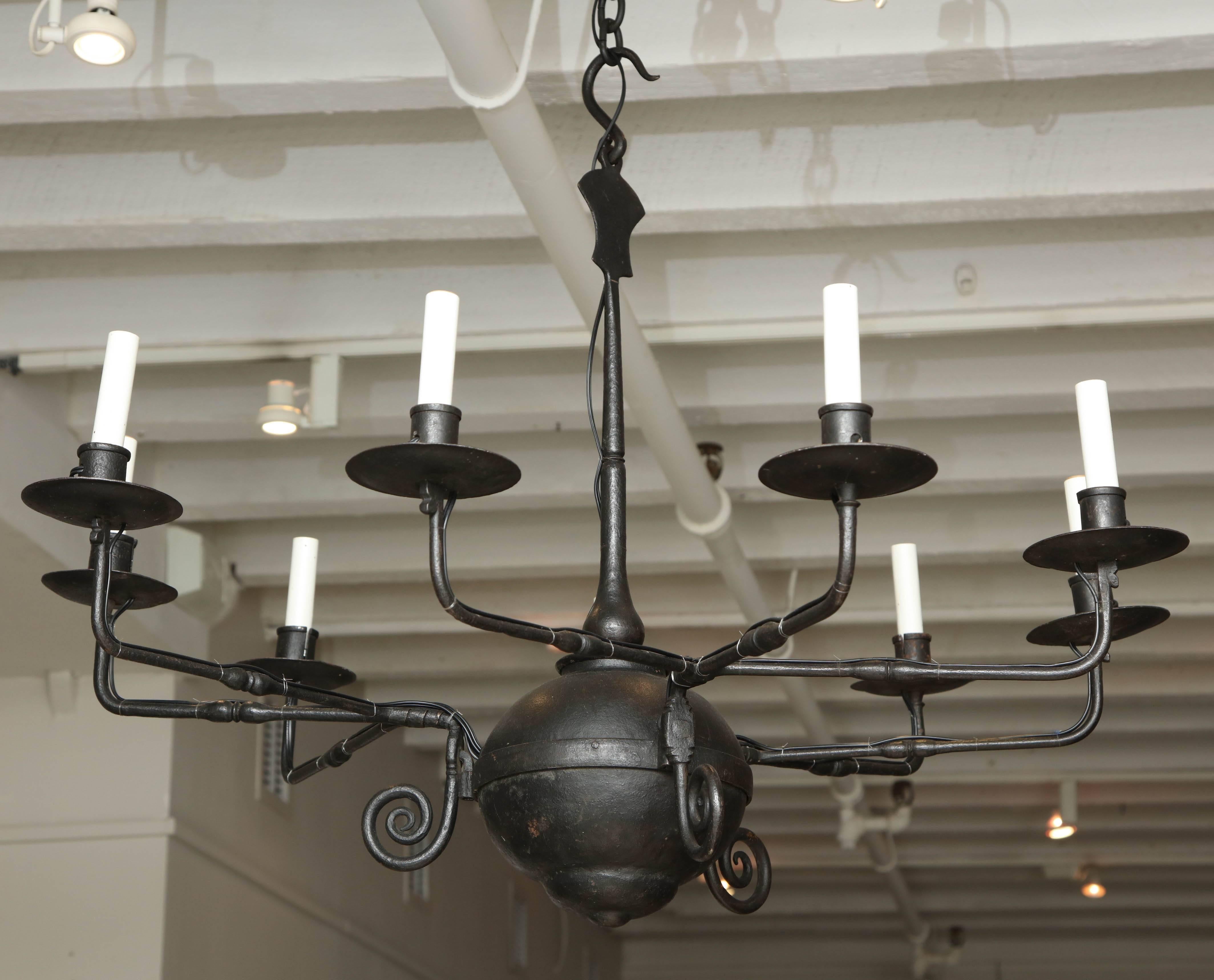 Exceptional contemporary American nine-arm black iron chandelier.