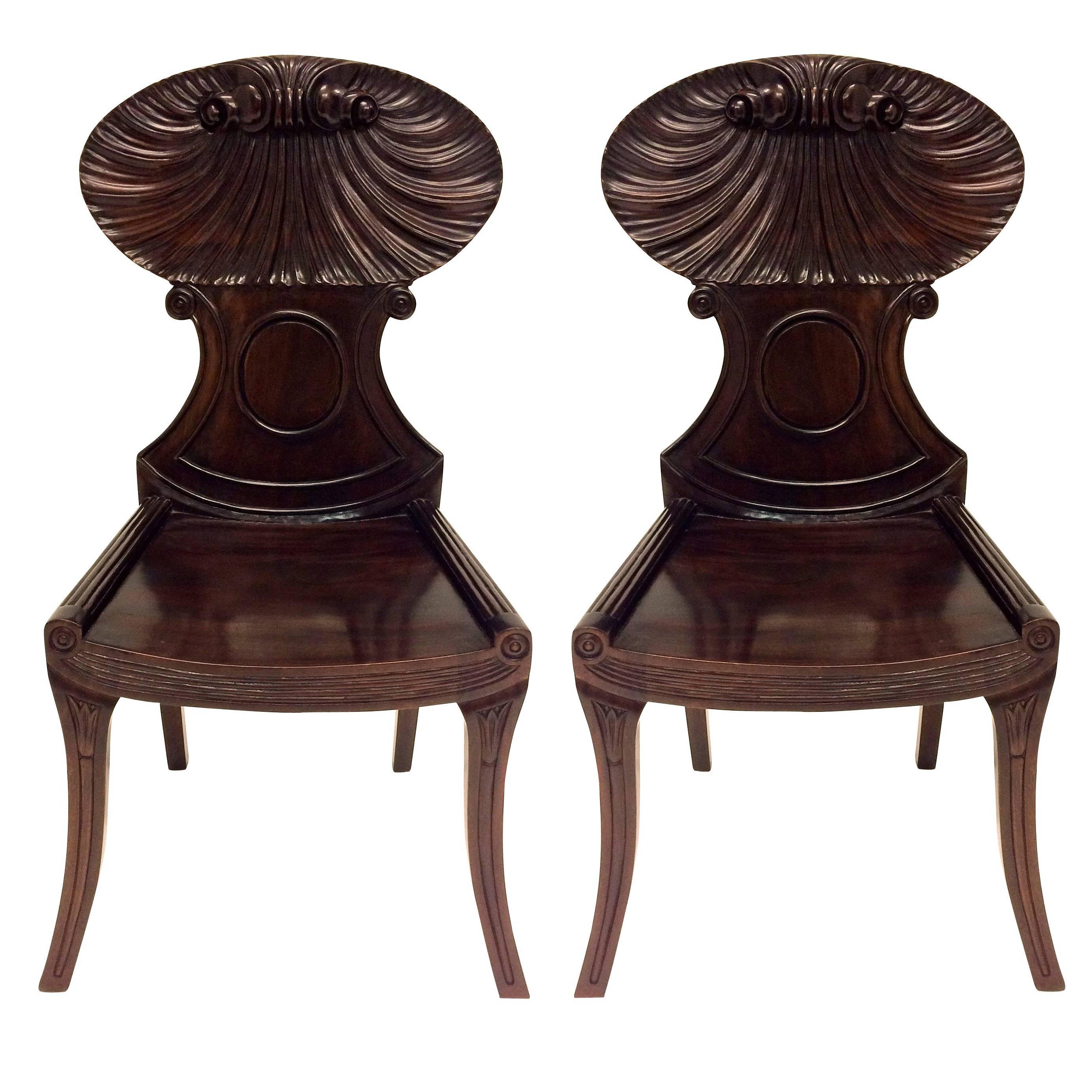 Pair of Large English Regency Style Mahogany Hall Chairs