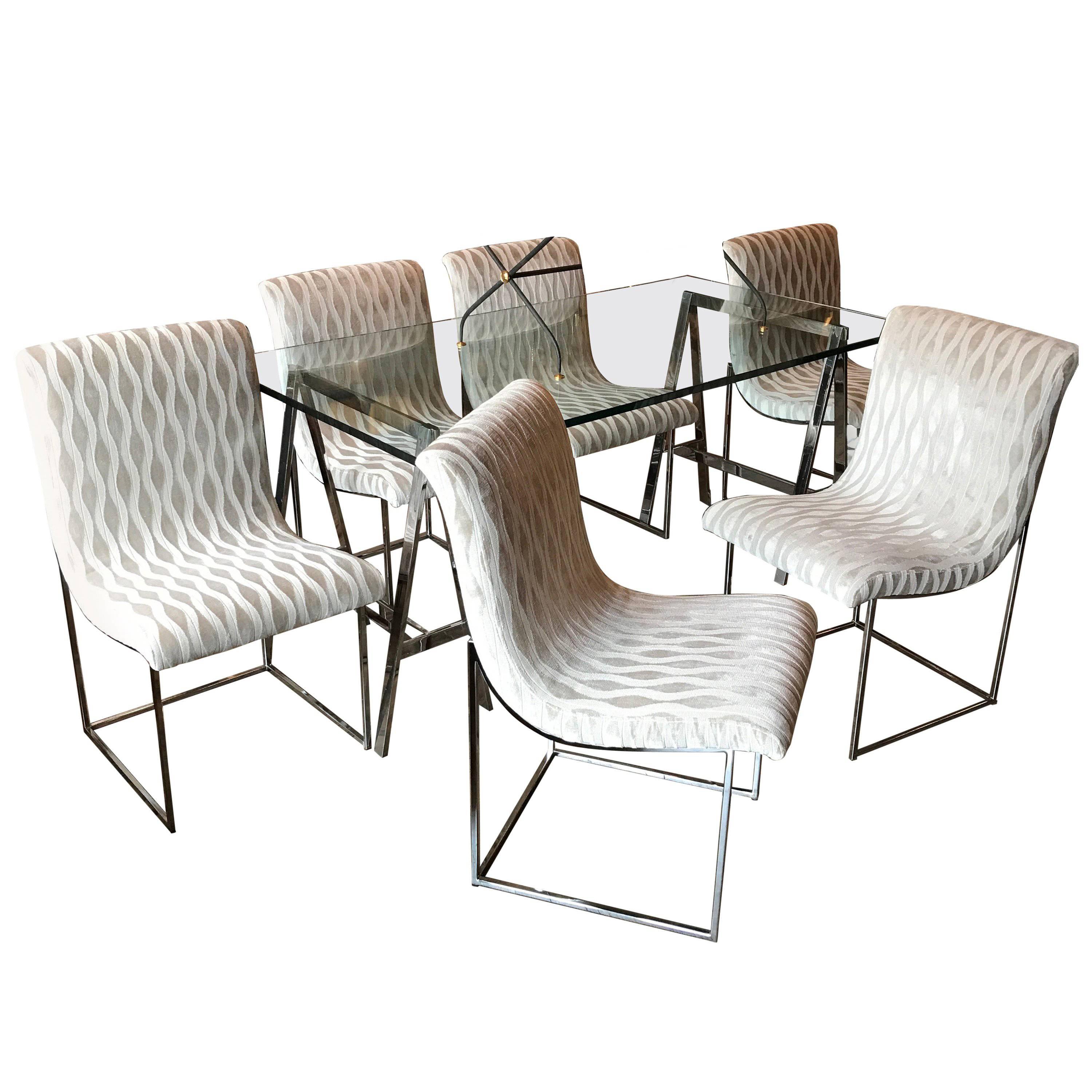 Milo Baughman for Thayer Coggin Upholstered Scoop Chrome Dining Chair Set