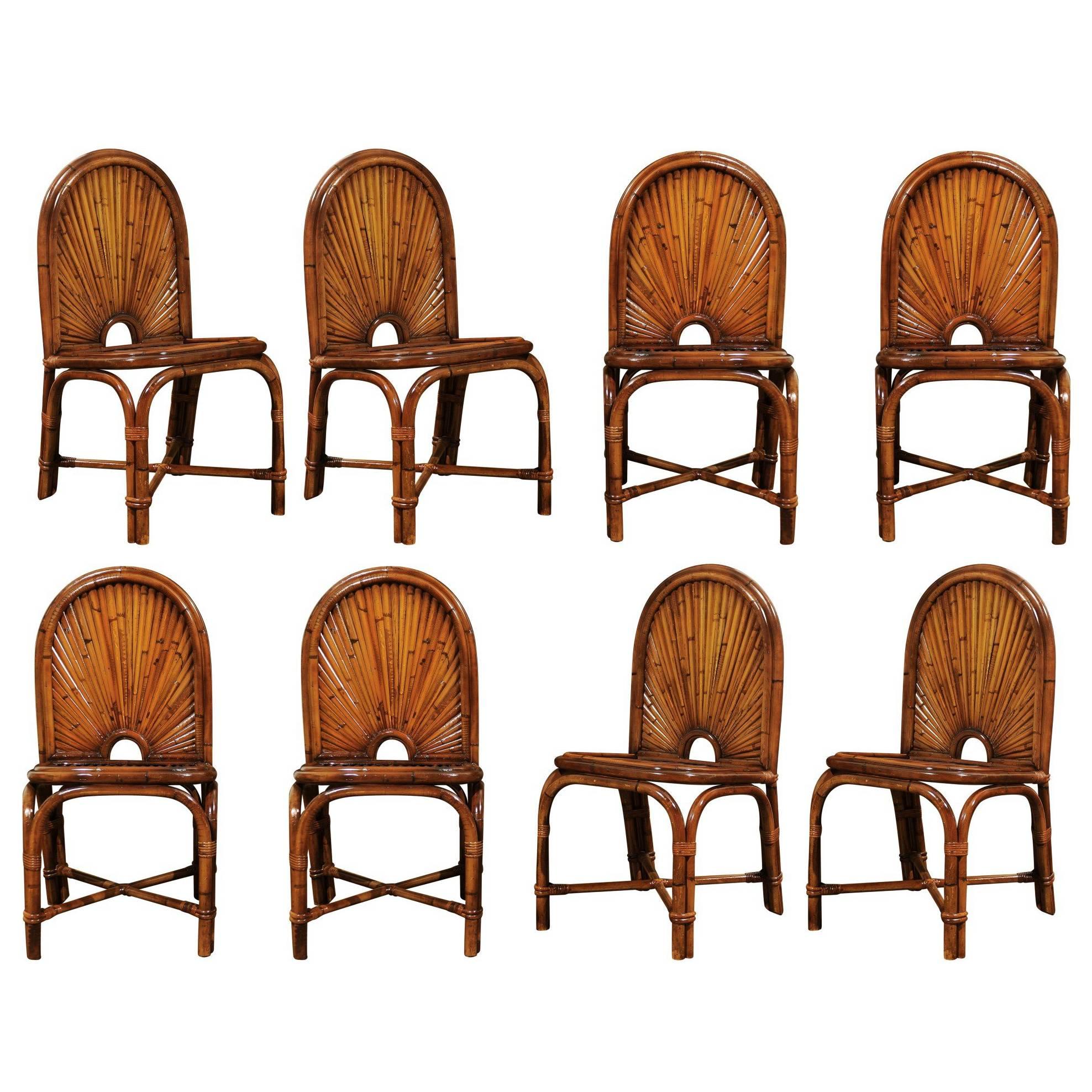 Spectacular Restored Set of Eight Rattan and Bamboo Chairs, circa 1975