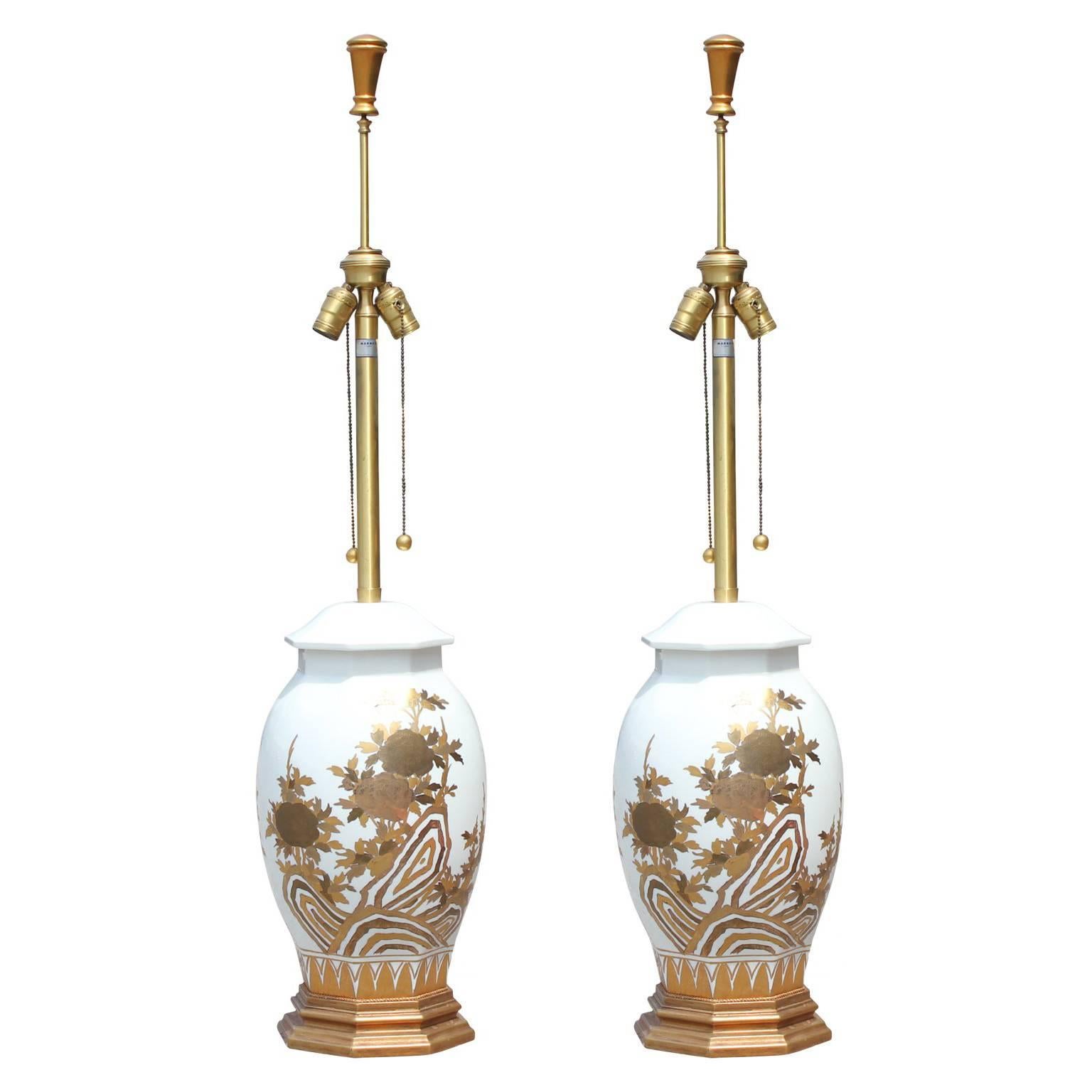 Pair of Large White Ceramic Table Lamps by Marbro with Gold Floral Detailing