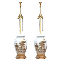 Pair of Large White Ceramic Table Lamps by Marbro with Gold Floral Detailing