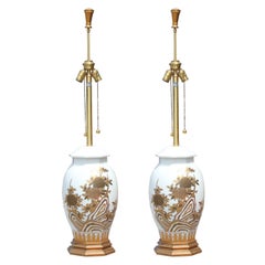 Pair of Large White Ceramic Table Lamps by Marbro with Gold Floral Detailing 5