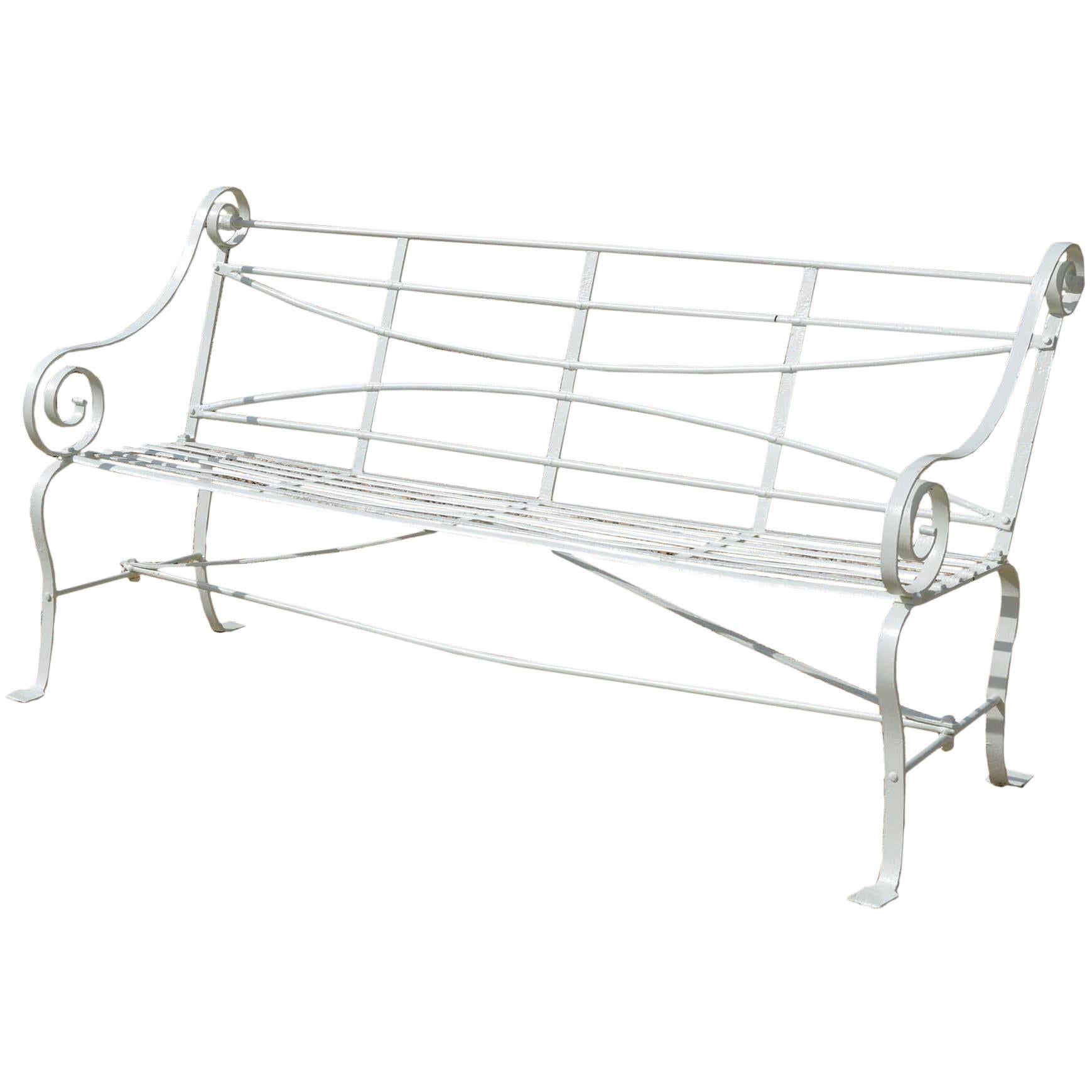 Wrought Iron Strap Work Garden Seat Having Cabriole Legs and Scroll Arms For Sale