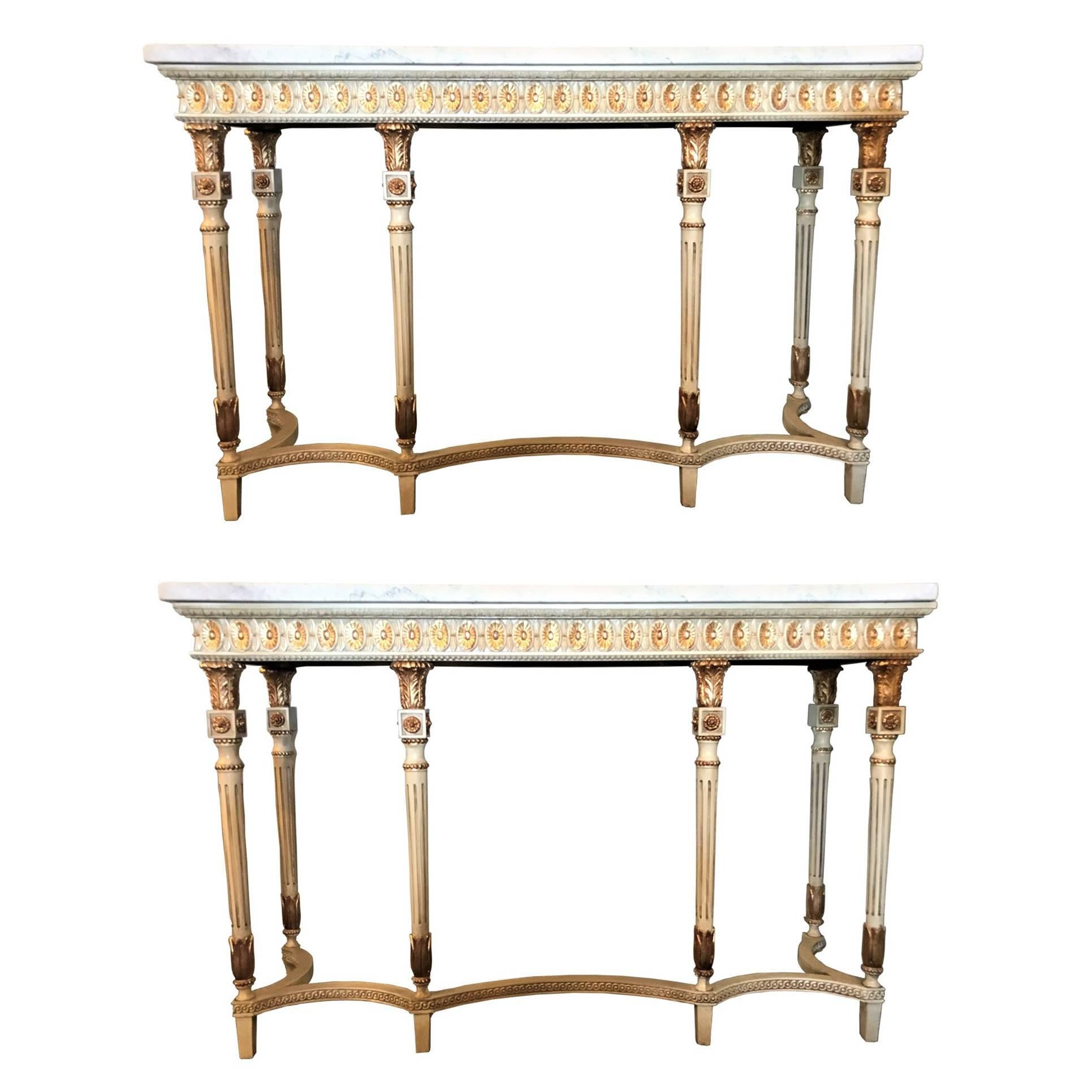Pair of Parcel-Gilt and Painted Louis XVI Style Consoles in Maison Jansen Manner