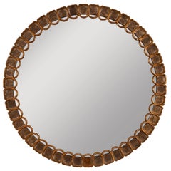 Italian Hand-Carved Wood Round Mirror, Silver Gold Leaf Accents, circa 1960