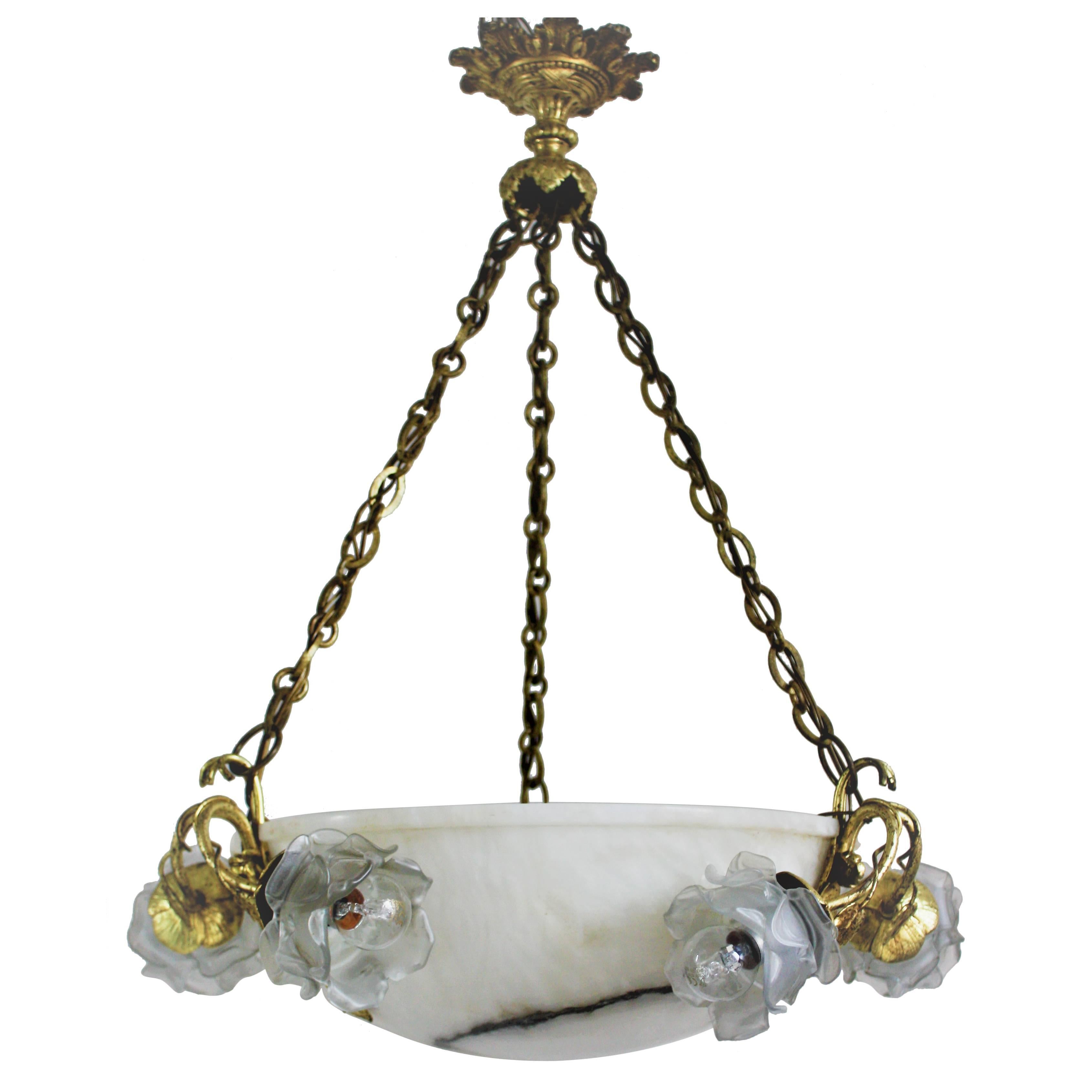 Large Art Deco Glass Roses and Alabaster Pendant, France, circa 1920s
