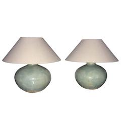 Contemporary Pair of Washed Turquoise Ceramic Table Lamps, China