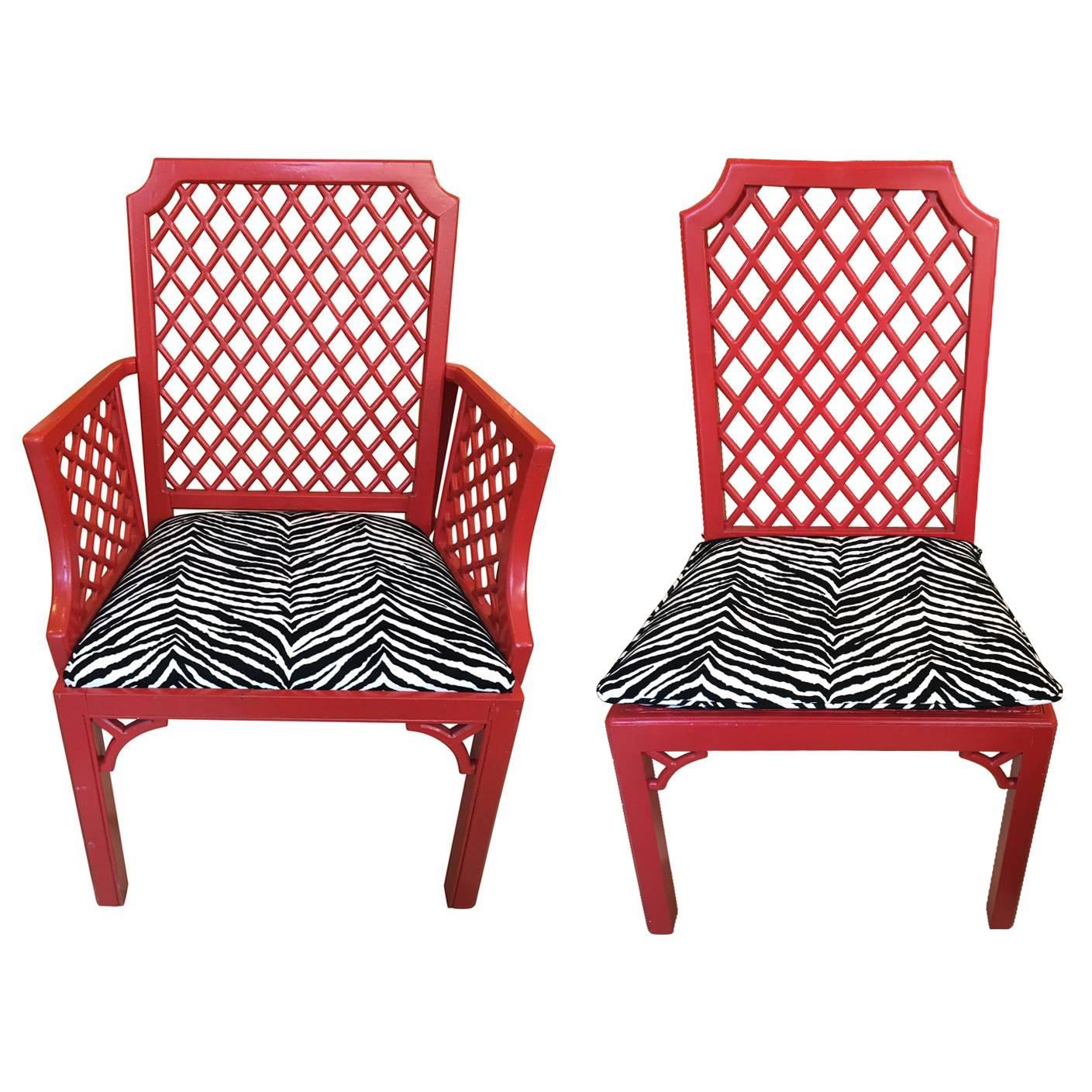 Late Midcentury American Set of Eight Red Painted Trellis Style Dining Chair For Sale