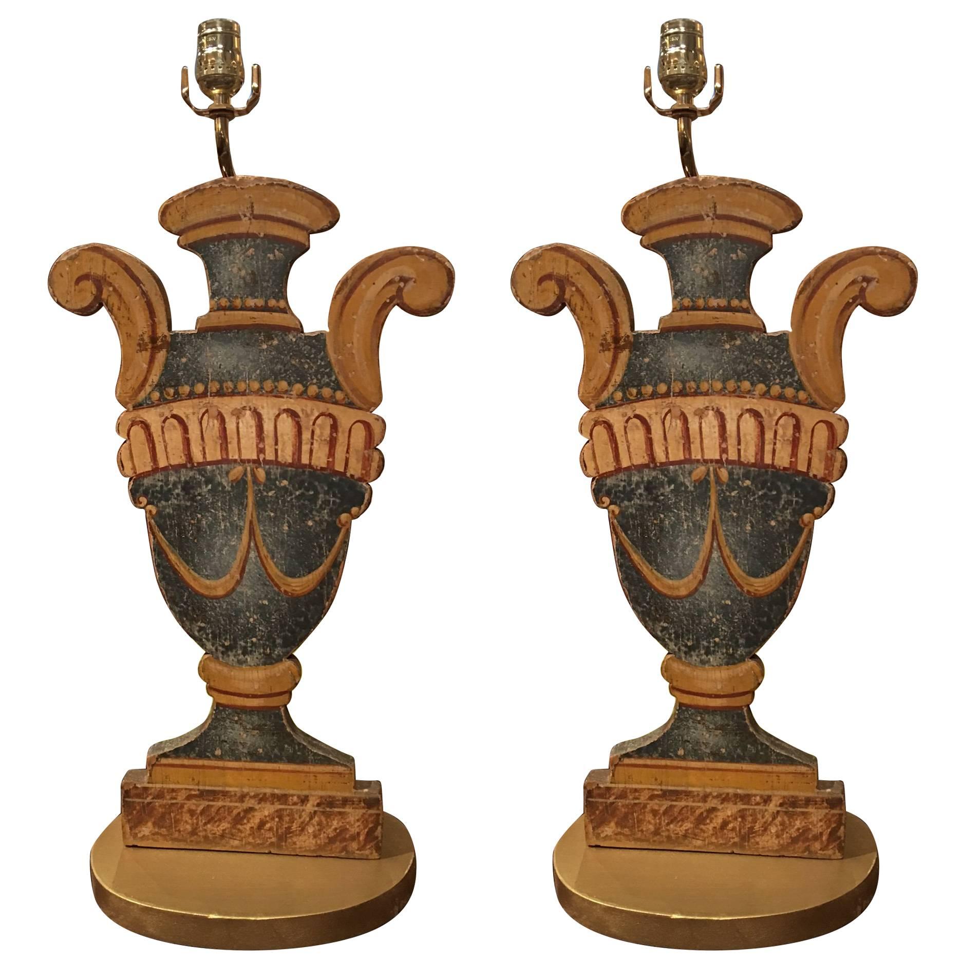 Pair of Italian Painted Urn-Form Plaques Adapted as Lamps, 19th Century