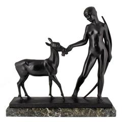 French Art Deco Bronze sculpture nude with deer by Daniel Joseph Bacqué 1930