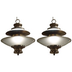 Pair of Opaque Glass or Brass Pendant Lights, France, 1970s