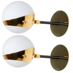 Pair of Brass and Opaline Glass Italian Sconces by Stilnovo