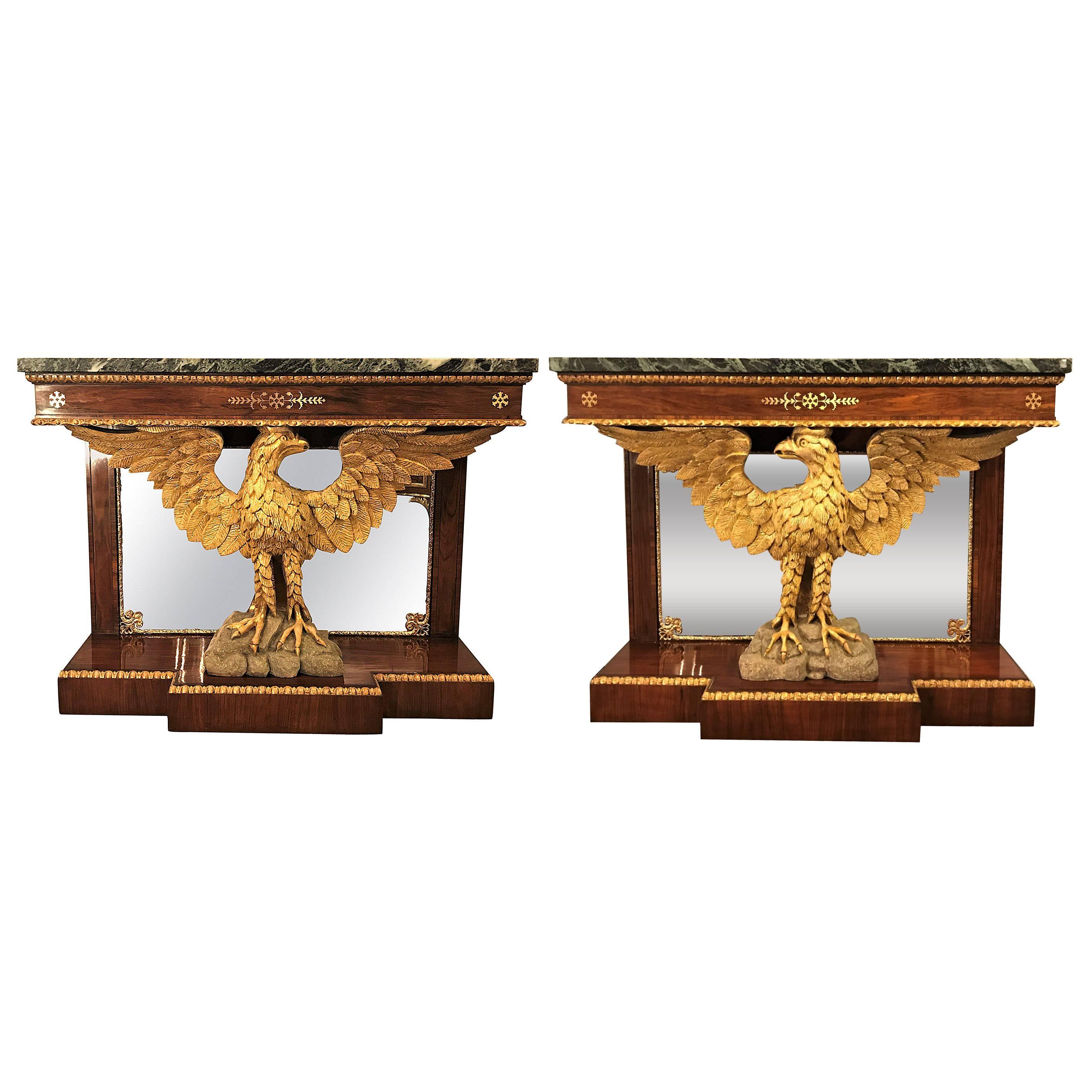 American Designer, Federal Consoles, Mahogany, Marble, Gold Gilt, Mirror, 1940s For Sale