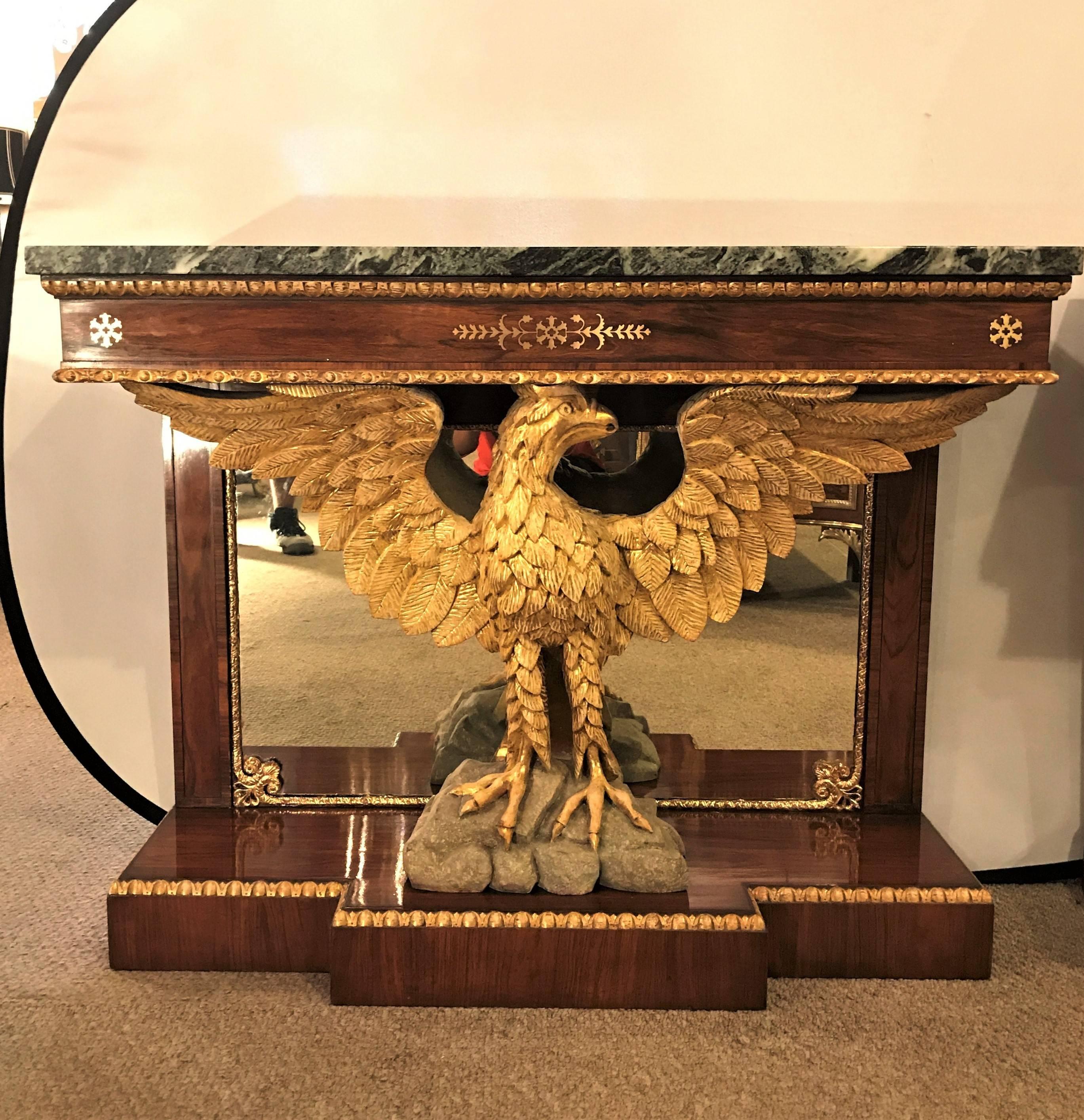 American Designer, Federal Consoles, Mahogany, Marble, Gold Gilt, Mirror, 1940s For Sale 2