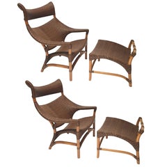 Pair of Graphic Rattan Chairs with Ottomans