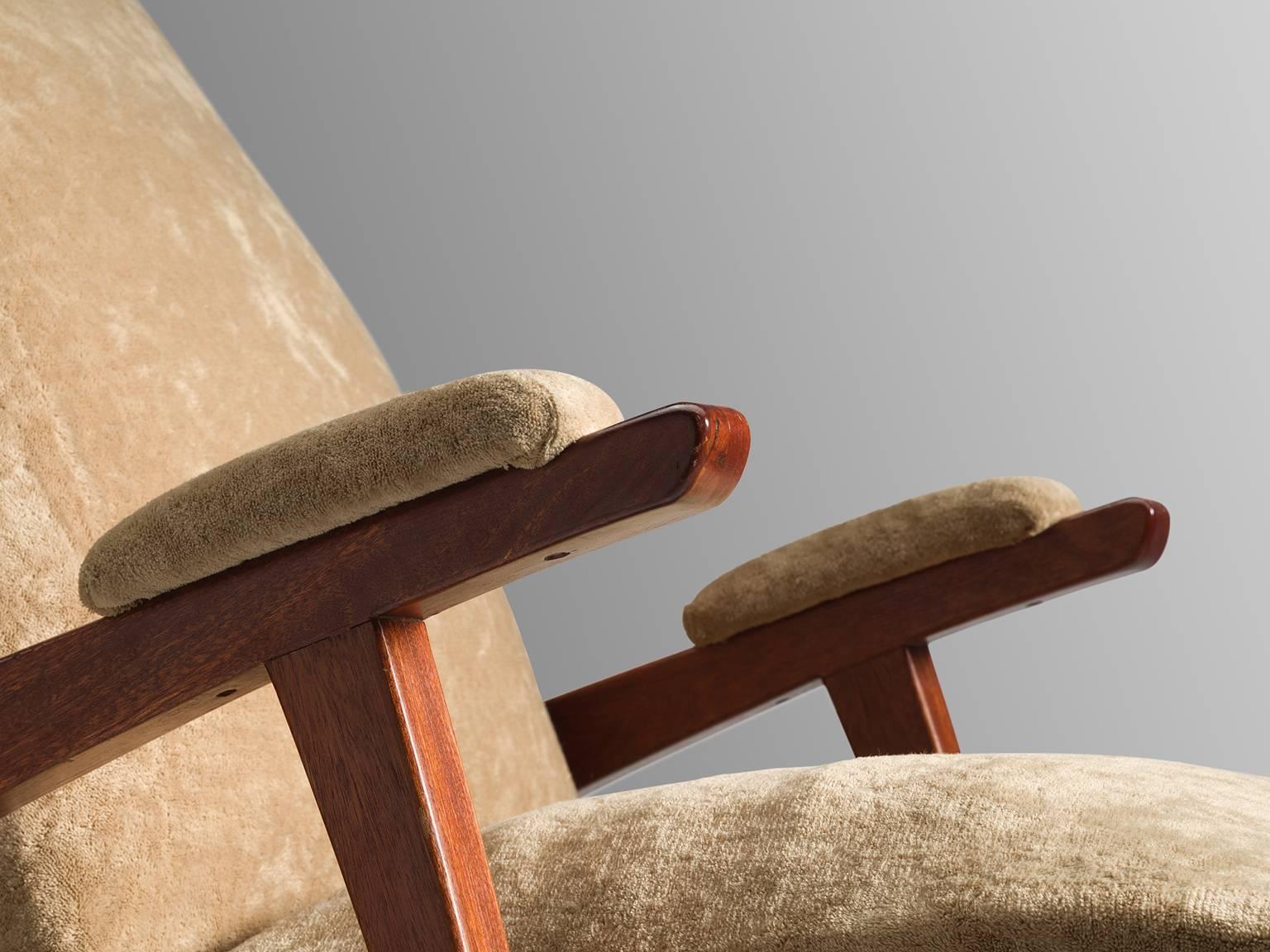 Mid-20th Century France Easy Chair with Stool in Suede