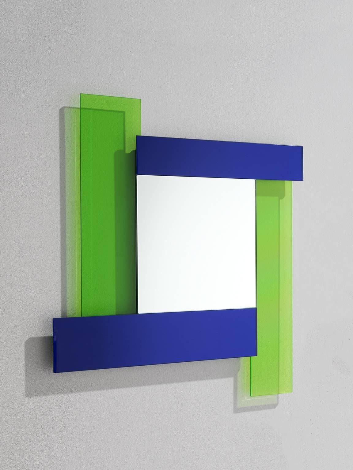 Ettore Sottsass for glass, mirror, glass, Italy, design 1970s, production later.

Ettore Sottass designed this wall mirror in the age in which bold colours and shapes where common sense. The mirror consits of various shapes and sizes and is executed