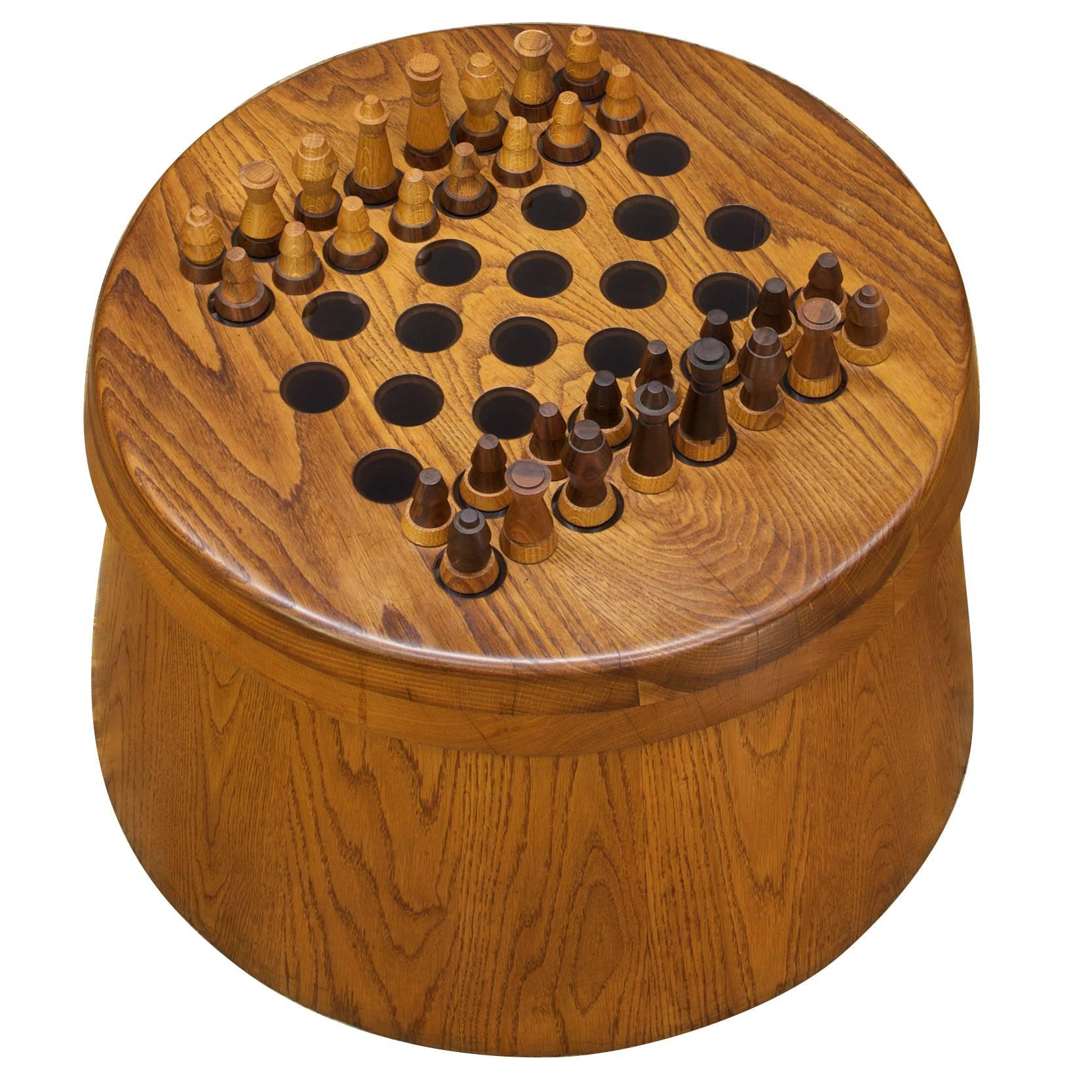 1950s Oak Chessboard Table+Chess Set Barrel Rustic Scandinavian Wegner style