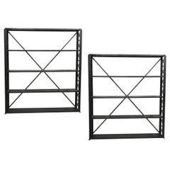 Two Large and Narrow Industrial Blackened Iron and Steel Bookcases or Etageres