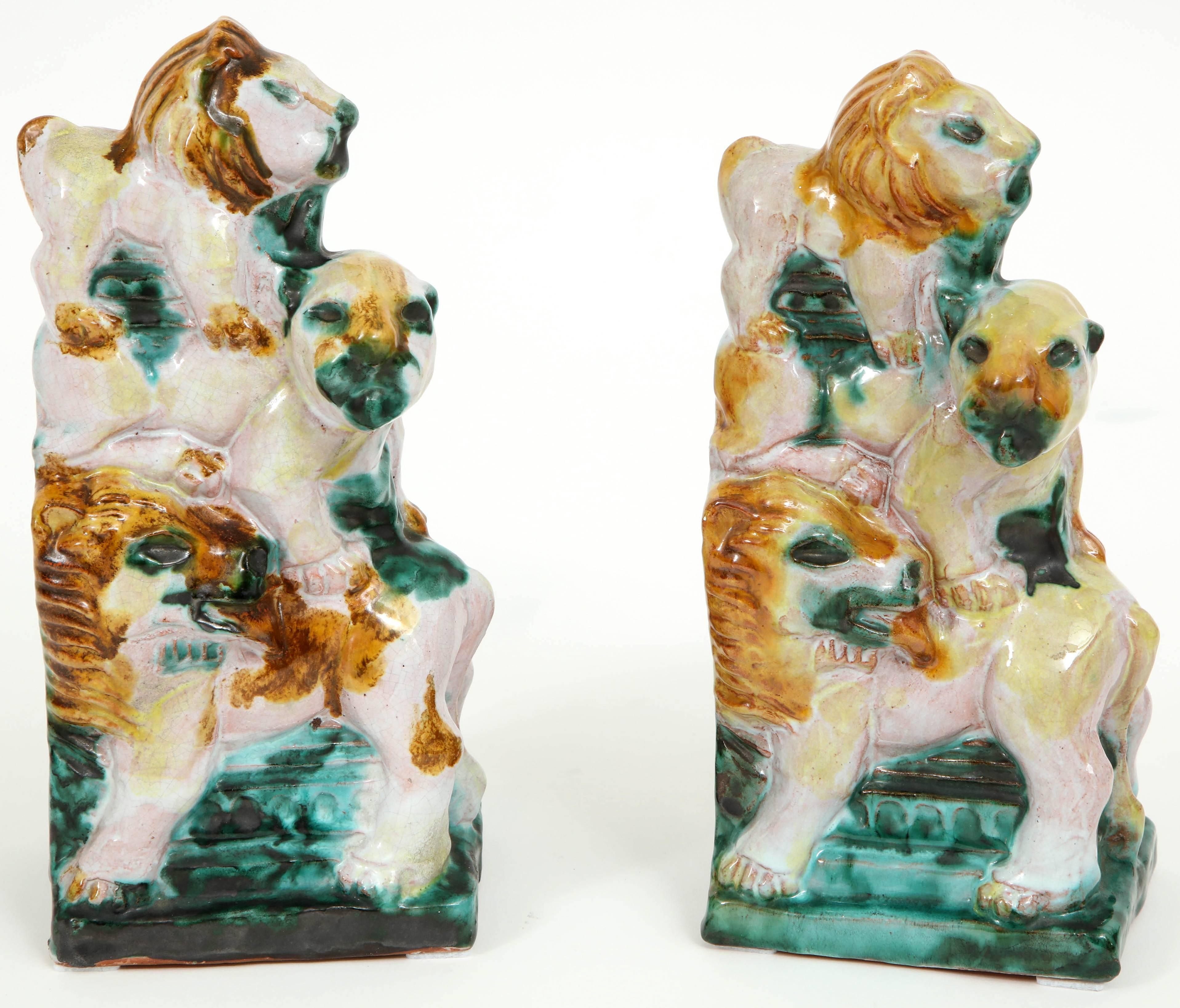 German 1930s Earthenware Bookends of Lions in the Style of Wiener Werkstatte For Sale