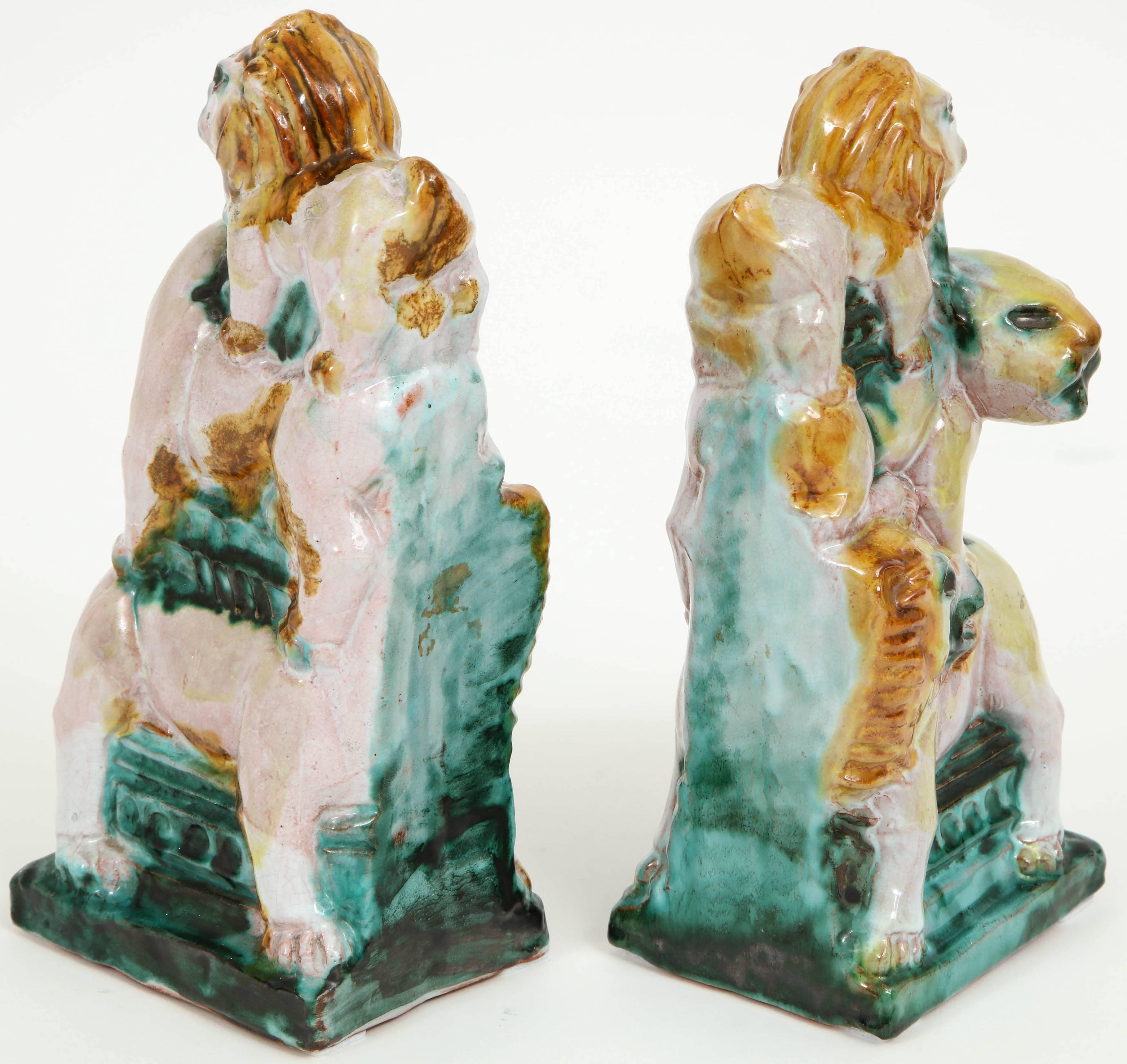 Hand-Painted 1930s Earthenware Bookends of Lions in the Style of Wiener Werkstatte For Sale