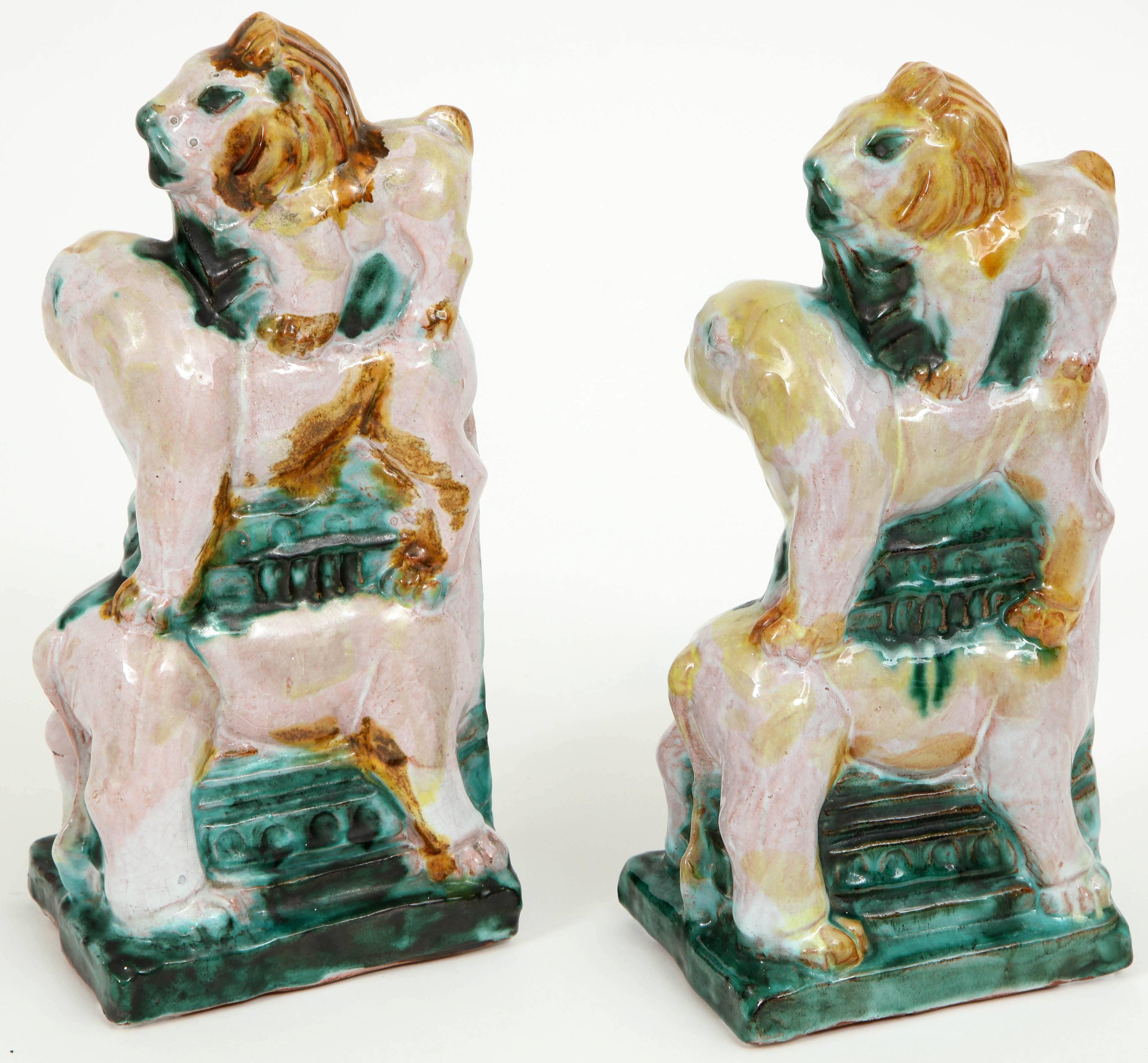 1930s Earthenware Bookends of Lions in the Style of Wiener Werkstatte In Good Condition For Sale In New York, NY