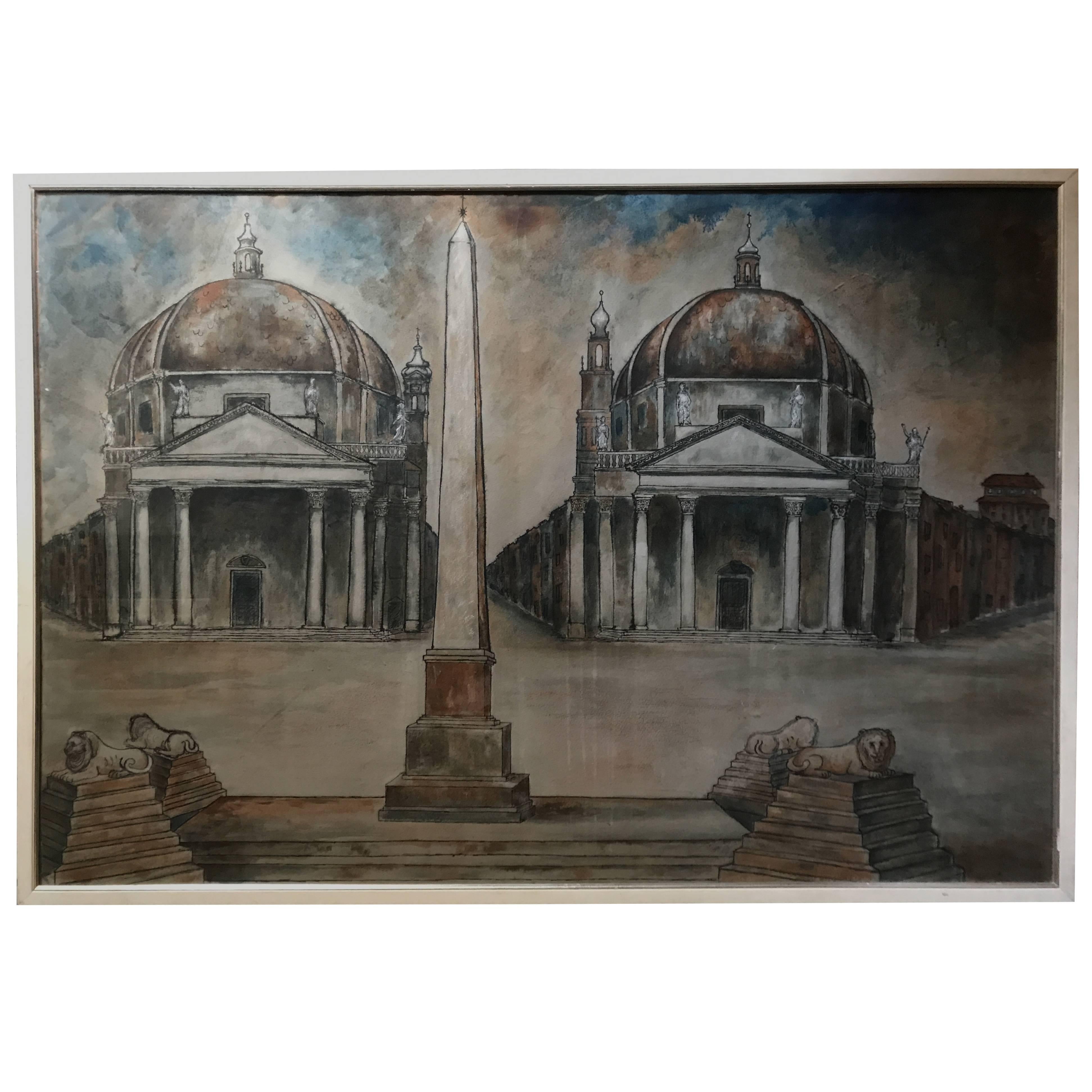 Mid-century View of Piazza Del Popolo For Sale