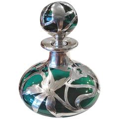 Antique American Art Nouveau Silver Overlay on Green Glass Perfume c.1900