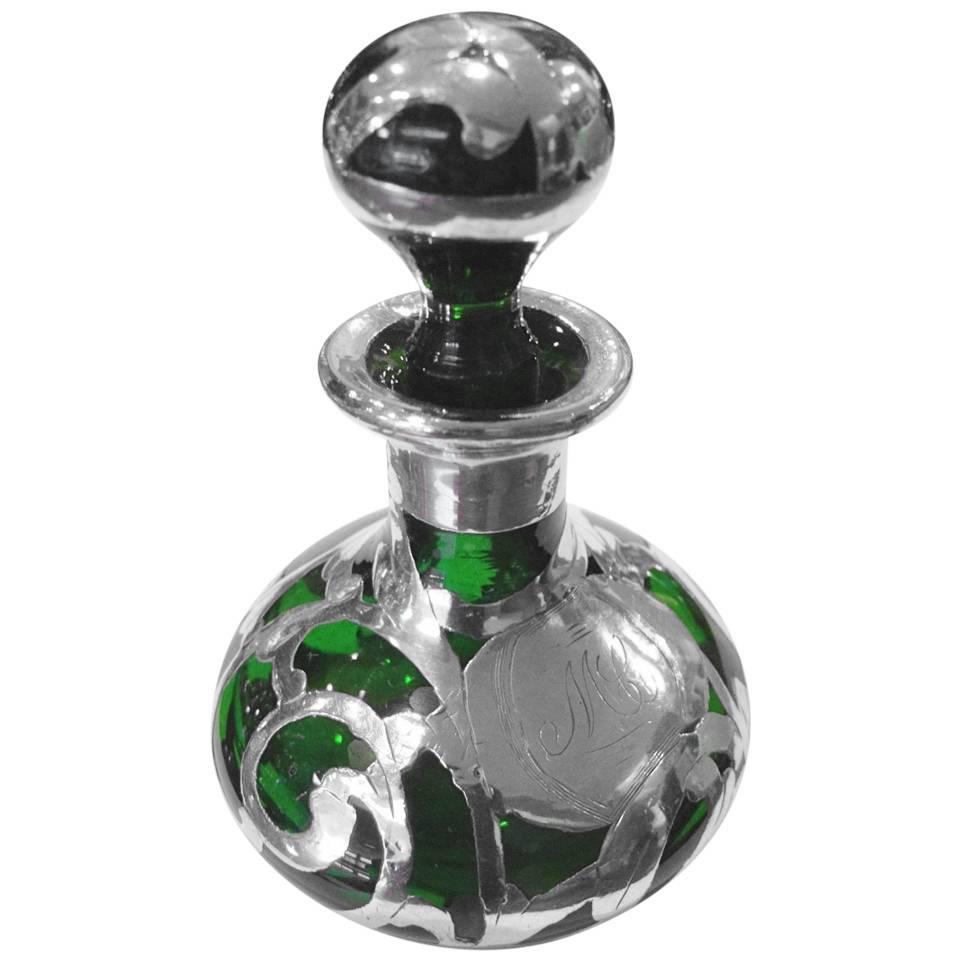 Art Nouveau Silver Overlay Perfume Emerald Green Glass c.1900 For Sale