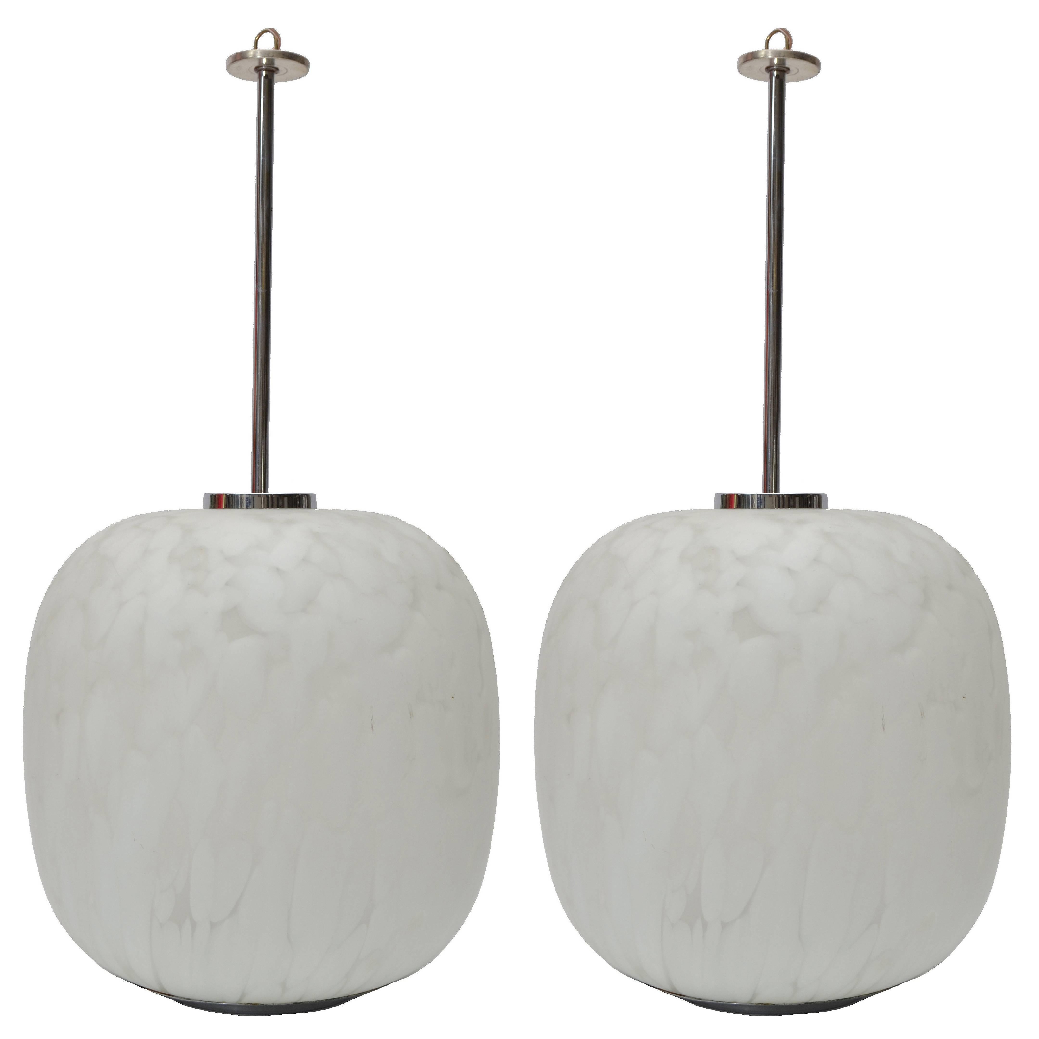 Mazzega Murano Attributed Pendant Lamp Mottled White Murano Glass, Pair