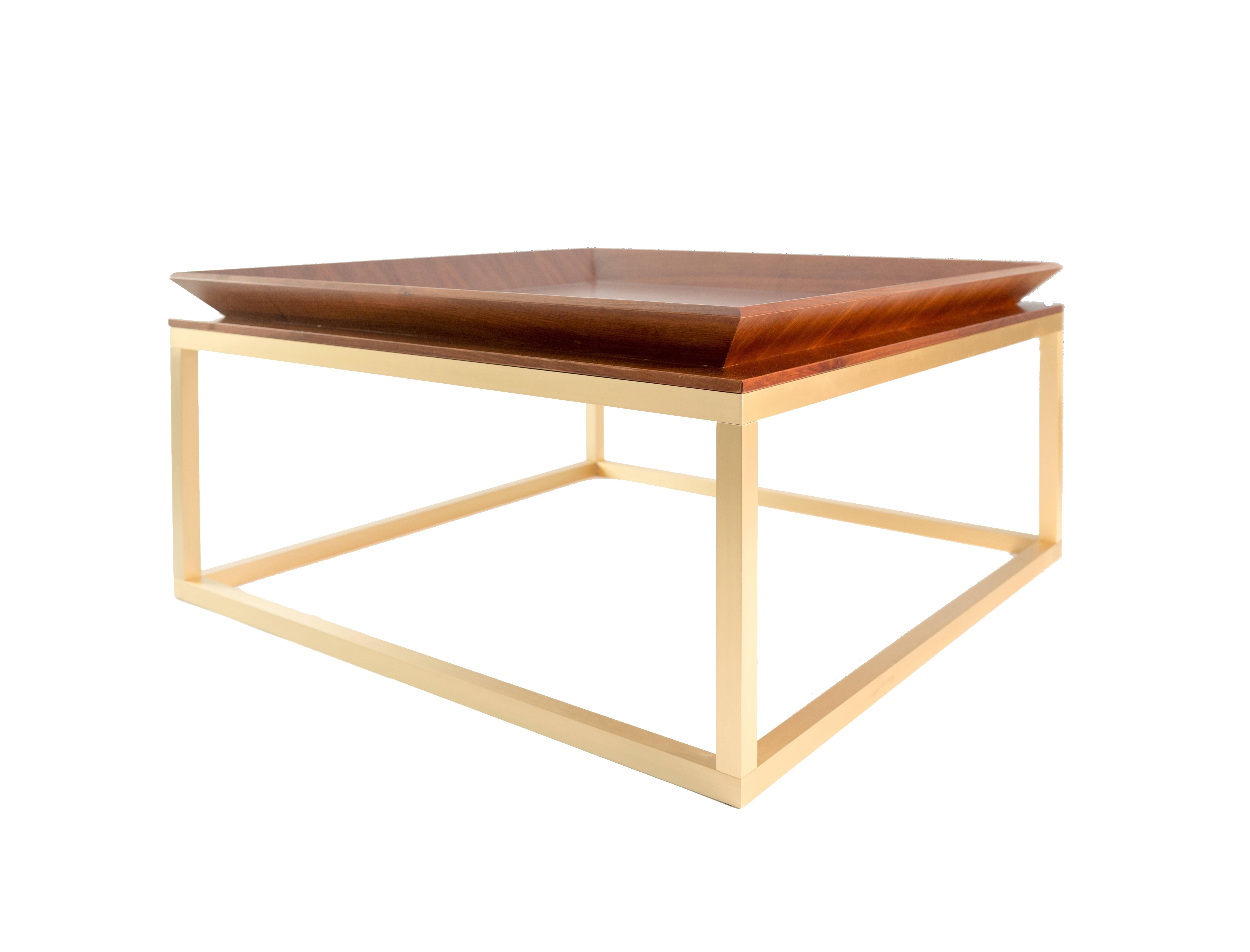 Hand-Crafted Le Tray Straight Legs, Coffee Table or Cocktail Table, Walnut and Brass Legs For Sale