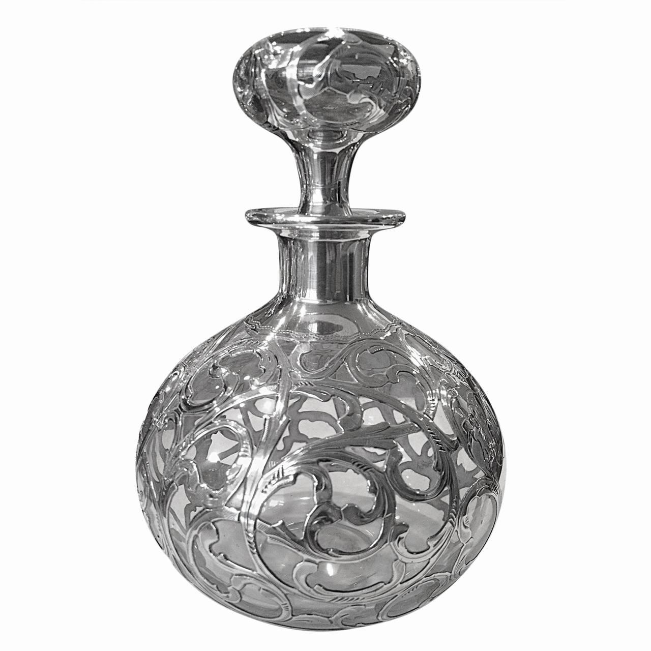 Art Nouveau Silver Overlay Perfume Bottle c. 1900 For Sale