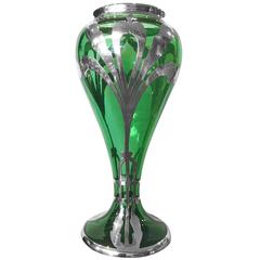 Art Nouveau Green Glass Silver Overlay Vase c.1900