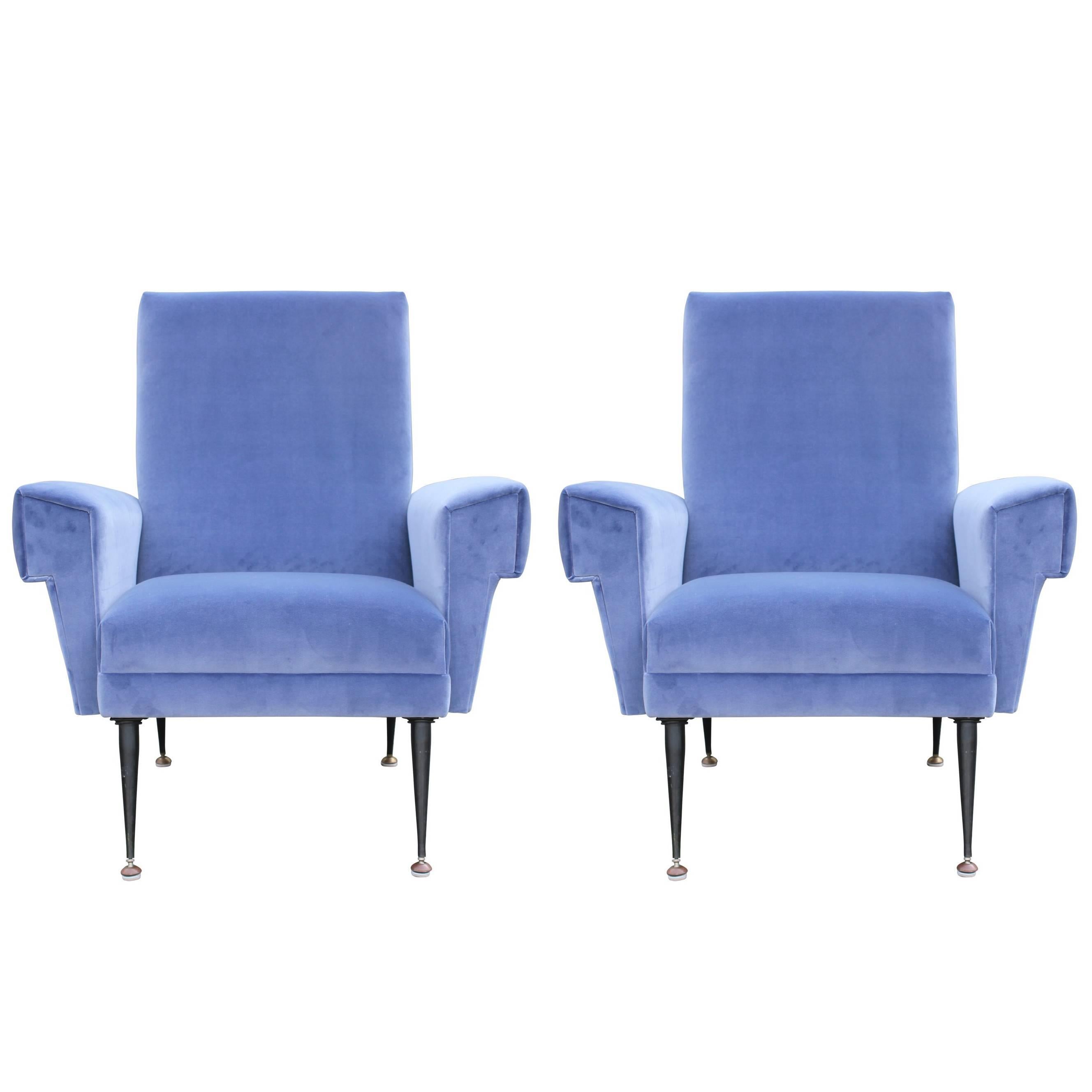 Pair of Modern Arflex Style Italian Lounge Chairs in Blue Kravet Velvet