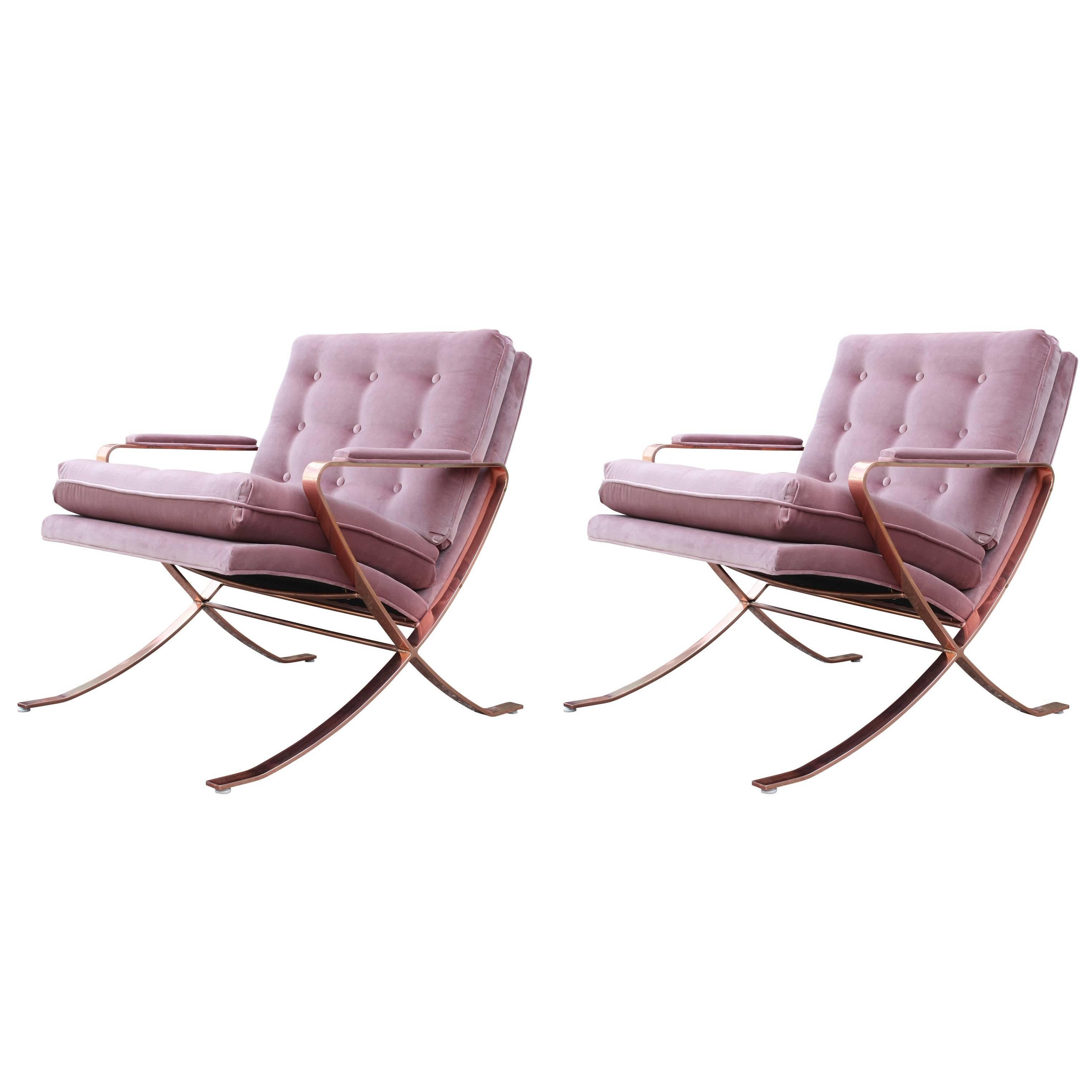 Pair of Modern Italian Copper-Plated Lounge Chairs in Tufted Mauve Kravet Velvet