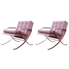Pair of Modern Italian Copper-Plated Lounge Chairs in Tufted Mauve Kravet Velvet