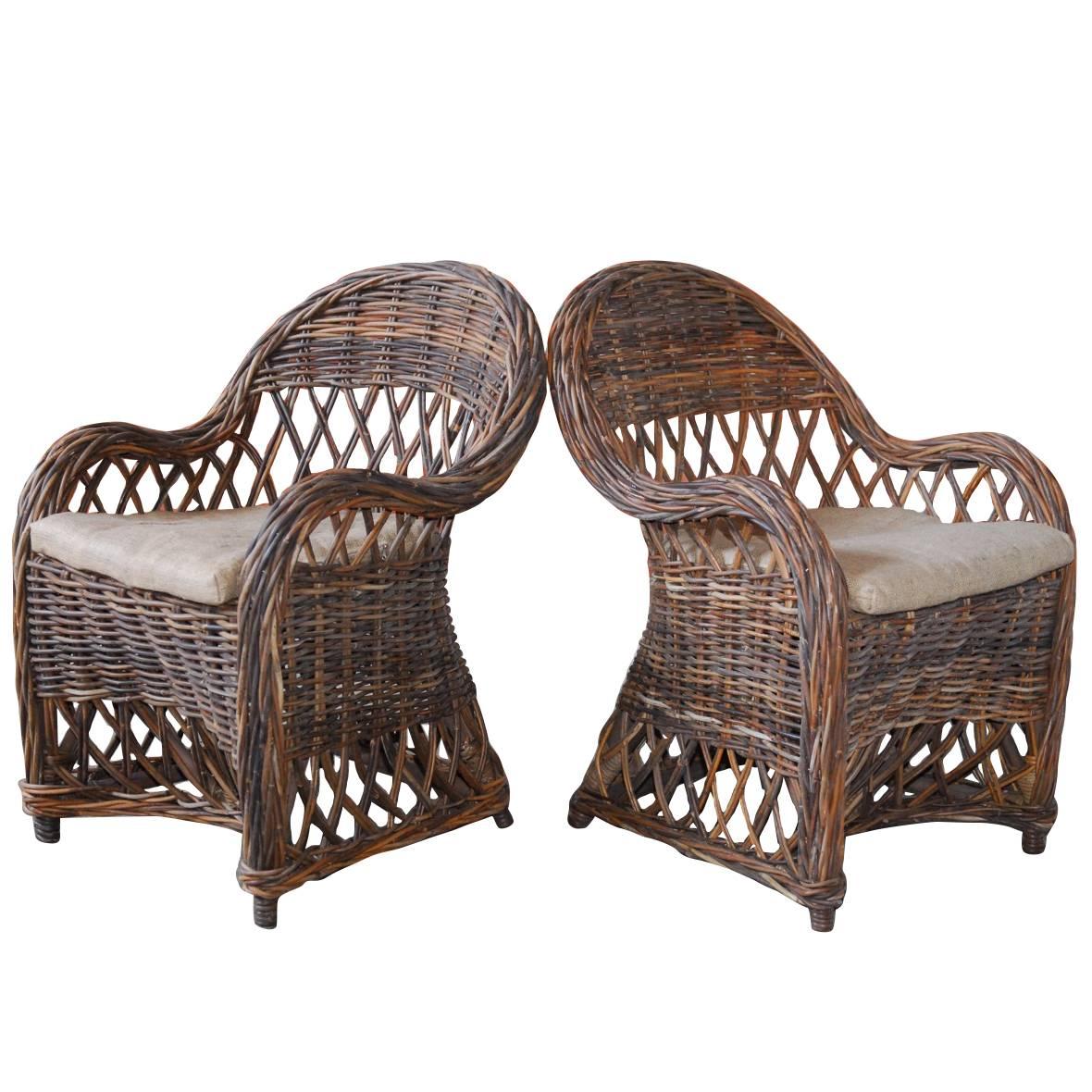 Pair of Bar Harbor Style Woven Rattan Armchairs