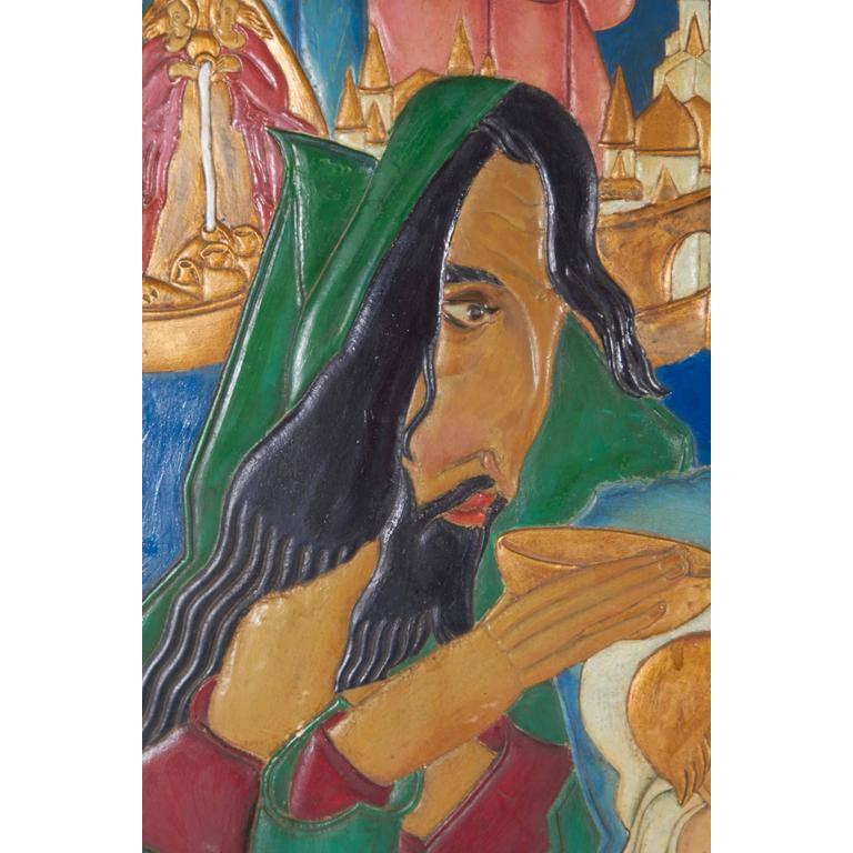 20th Century Karoly Fulop, The Baptism, Polychromed Ceramic Panel, circa 1950s For Sale
