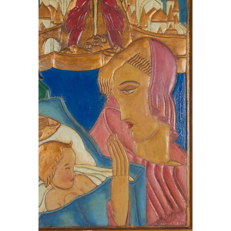 Modern Karoly Fulop, The Baptism, Polychromed Ceramic Panel, circa 1950s For Sale