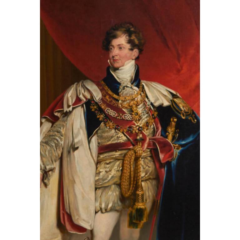 A museum quality oil on canvas coronation portrait of King George IV (1762-1830), probably from the studio of Sir Thomas Lawrence (1769-1830). The original painting is currently on display in the Baltimore Museum of Art. Includes original gilt wood